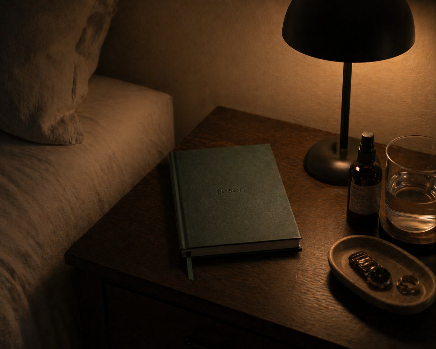 reset. journal on bedside table