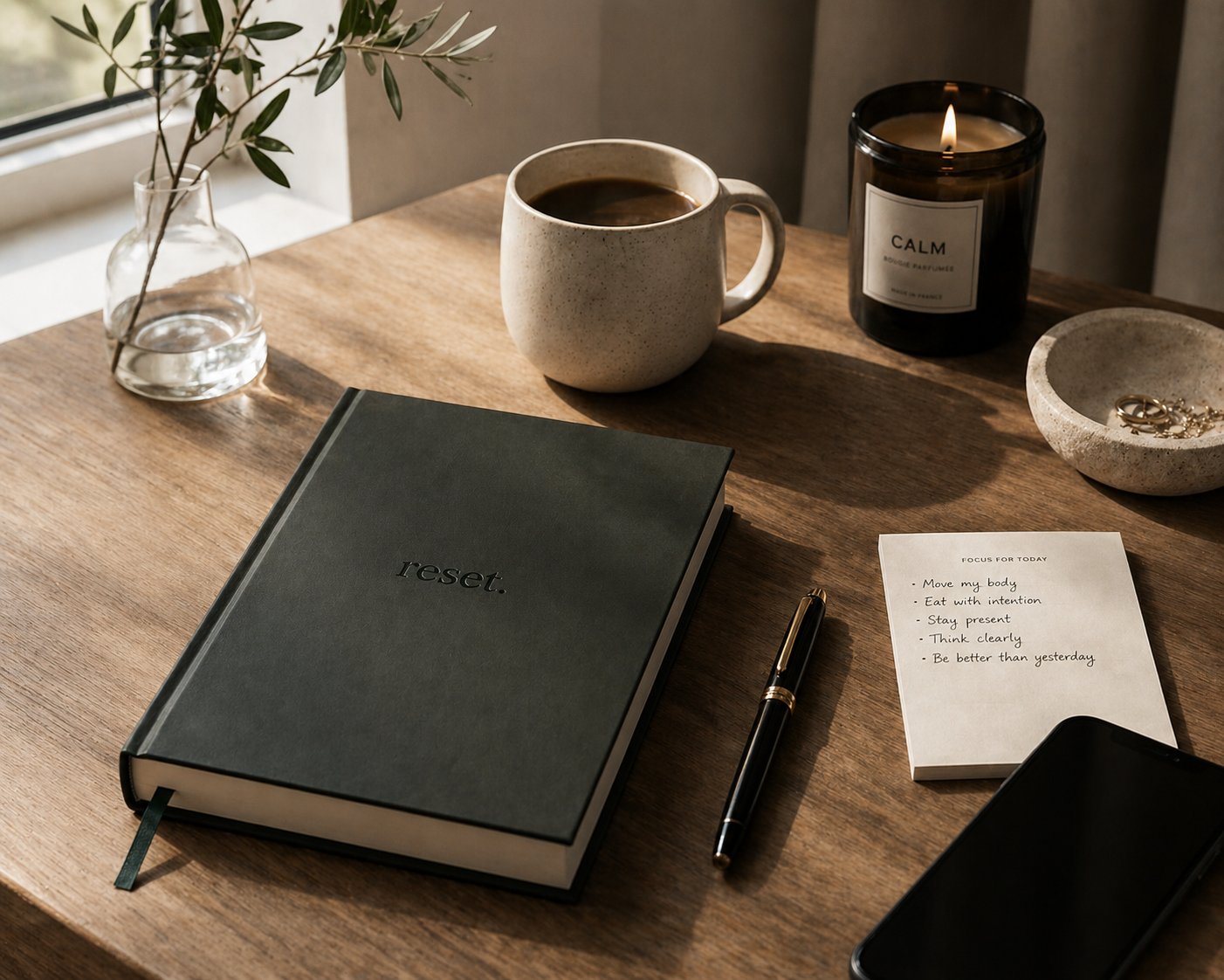 reset. journal on morning desk