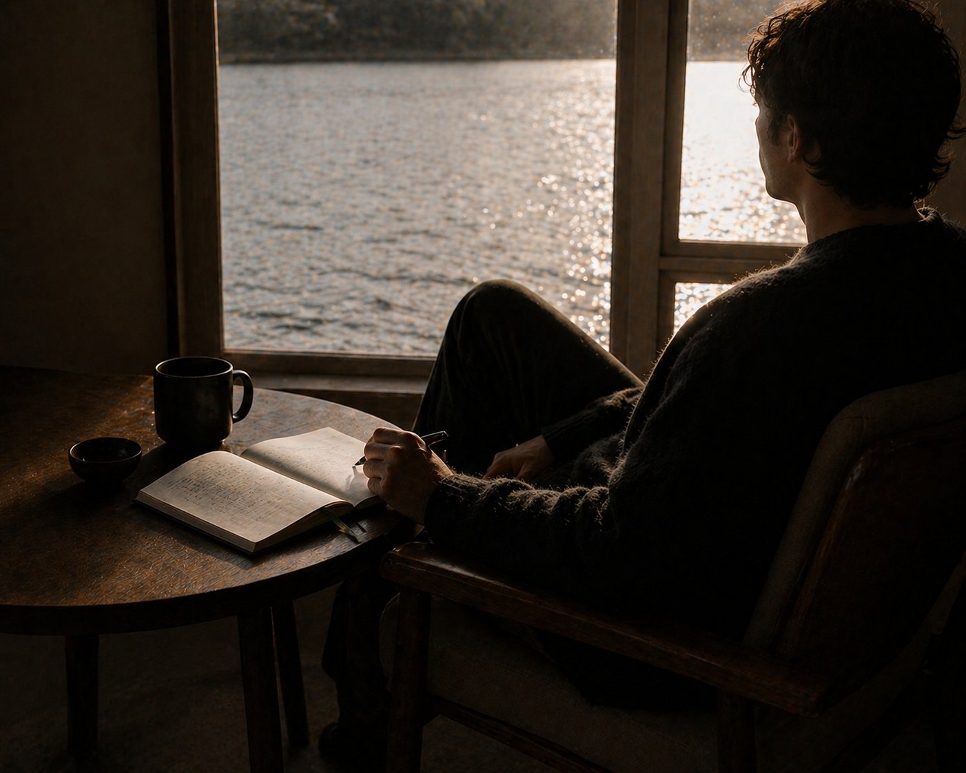 Person writing in journal by window