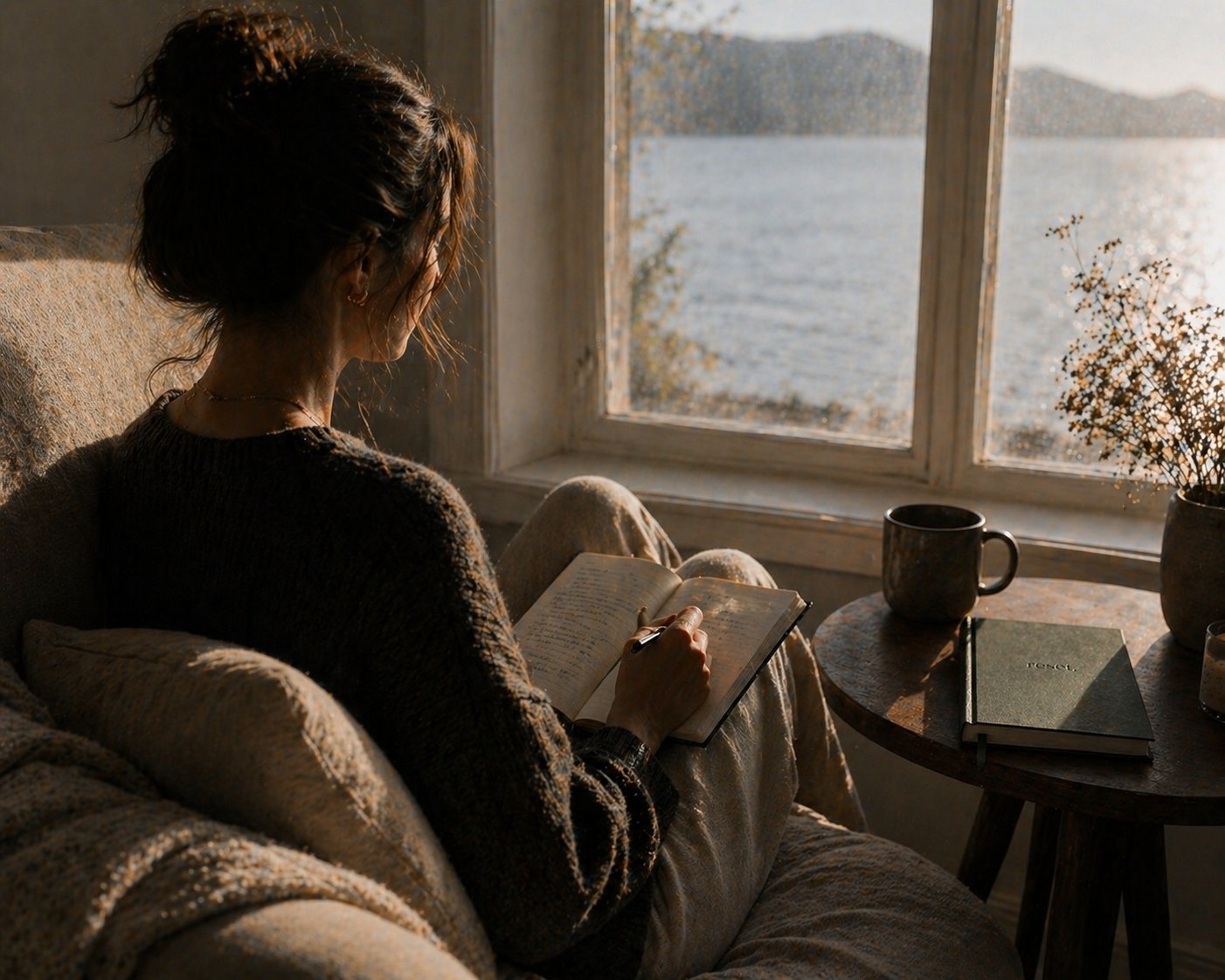 Person writing in journal at sunset